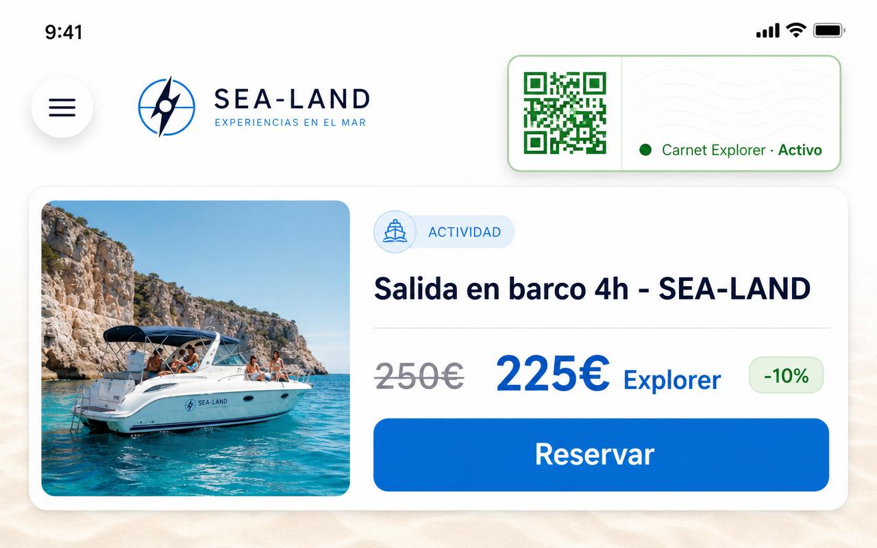 Vista del catálogo Explorer como miembro: cada actividad muestra el precio original tachado y el precio Explorer −10%, con el carnet QR activo y el botón Reservar habilitado.